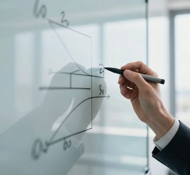 Close-up of professional hands writing technical diagrams on a glass whiteboard, bright office daylight, clean professional cool tones, 35mm