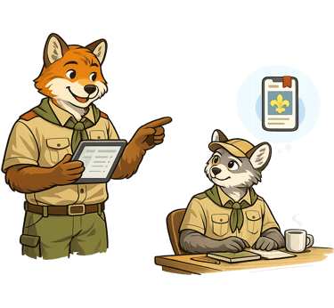 Scout leader holding a tablet showing a simple digital interface.