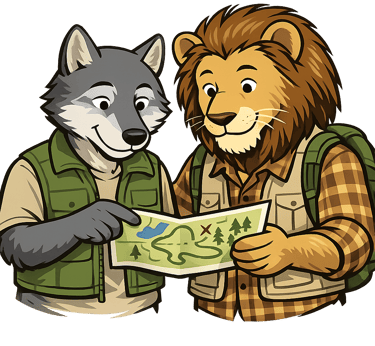 Two cartoon animal scout leaders calmly review a trail map together.