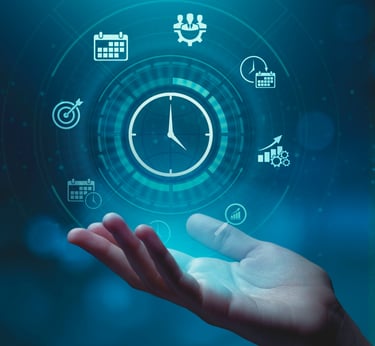 Hand holding glowing blue digital icons for time management, project scheduling, and business efficiency.