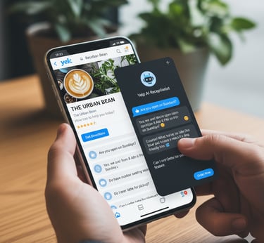 elp business profile page with an integrated AI chat interface, showing a customer interacting with