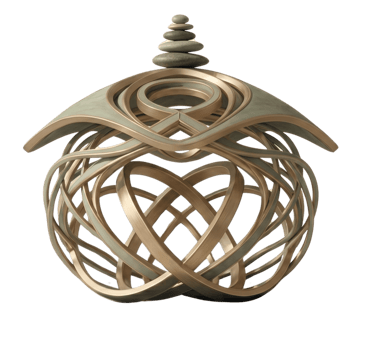 Abstract 3D sculpture with intricate metallic knots and a zen rock cairn on top.