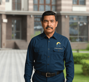 Porteiro a frente no condomínio controlando o acesso.