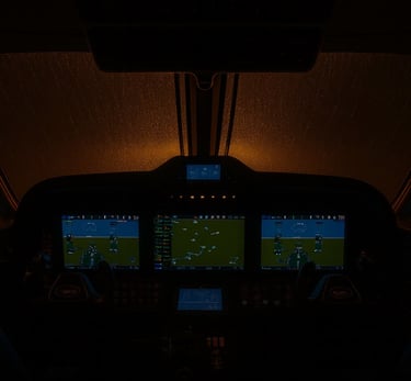 while flying looking out of plane cockpit into the dark while raining