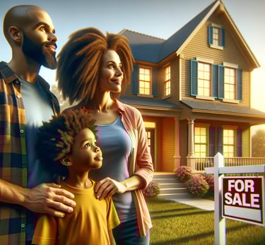 a family buying new home with a for sale sign