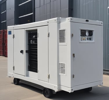 A portable diesel engine generator encased within a black metal frame, featuring a combination of silver, red, and black components. The engine housing displays branding and instructional graphics. The backdrop is a plain, muted gray-blue surface.
