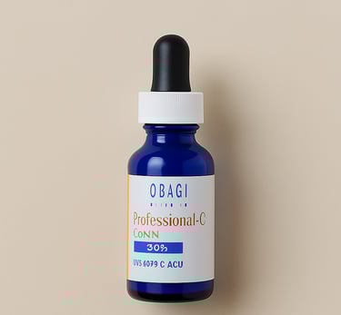 Cobalt blue bottle of Obagi Professional-C Serum 30% with a white label, orange and blue text, and a