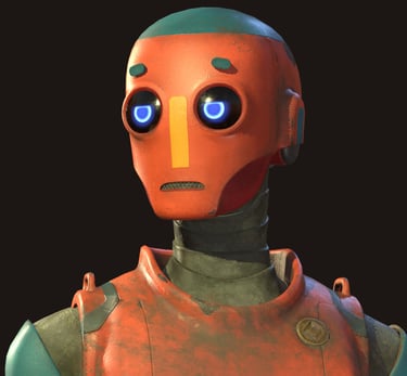 Two headshots of a robot: one facing the camera, showcasing its front features, and the other turned