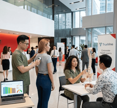 In a corporate office lobby, a couple of chiropractors performing spina screening for the employees