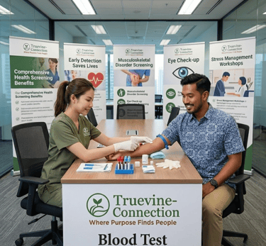 A corporate on site health screening where a nurse is performing a blood test on a male participant
