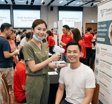A lady optometrist is holding a hand held tonometer to provide an eye pressure test.