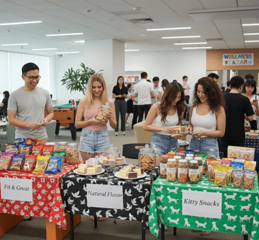 A wellness bazaar with 3 booths selling various food products