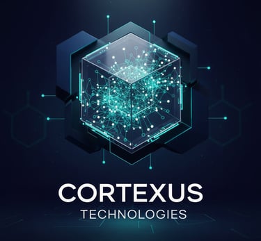 Cortexus Technologies logo featuring a glowing digital neural network inside a glass data cube.
