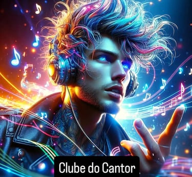 Digital art of a male singer with glowing blue eyes wearing headphones surrounded by neon musical notes.