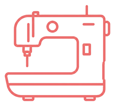 Red outline icon of an electric sewing machine for tailoring and garment repair.