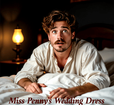 A surprised man in a vintage shirt lies in bed under a warm lamp for Miss Penny's Wedding Dress.
