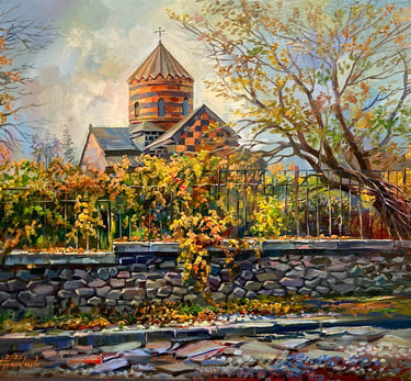Armenian church painting by Meruzhan Khachatryan depicting historic religious architecture