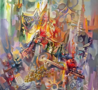 Symbolic art painting by Meruzhan Khachatryan exploring spiritual and cultural themes