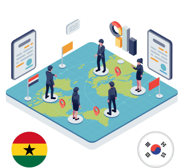 Isometric global business network illustration with business people standing on a world map with data charts.