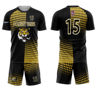 a soccer jersey with a tiger head and a gold and black jersey