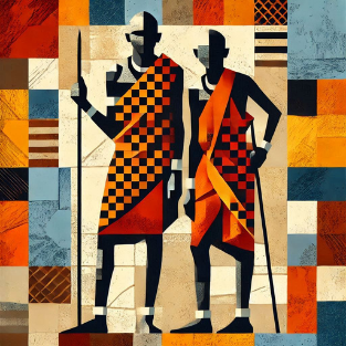 a painting of two men in traditional african style