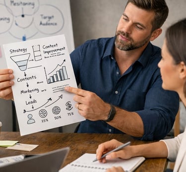 Brand strategy consultation showing a strategist explaining brand positioning, messaging, and market