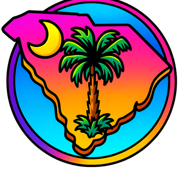 Colorful picture of South Carolina in a beautiful circle with the Palmetto Tree and moon.