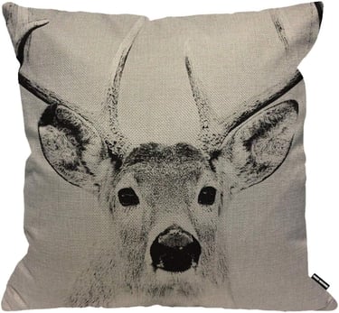 Rustic linen throw pillow featuring a black and white stag deer head print with large antlers.