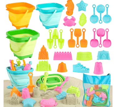 amazon beach game 28 PCS Sand Travel Toys with Folding Bucket for Children