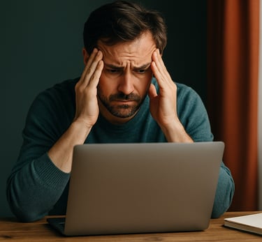 a frustrated relationship coach in front of a laptop