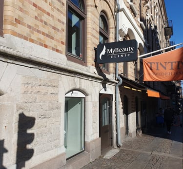 a street sign of mybeauty clinic and glansa skincare in gothenburg 