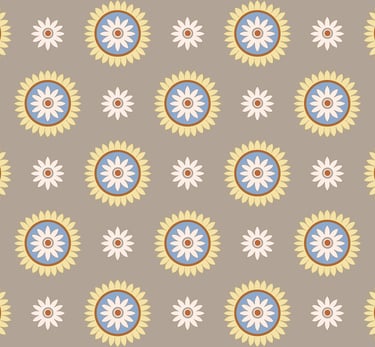 Simple repeating pattern of stylized floral medallions on a taupe background.