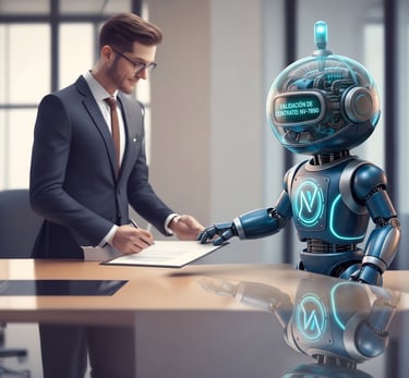 Professional businessman signing a legal document assisted by an AI robot for automated contract val