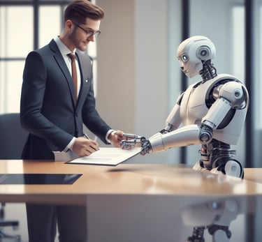 A businessman in a suit signs a contract held by a humanoid robot in a modern office.