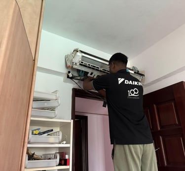 BCA-trained technicians completing a neat multi-split aircon fan coil unit setup in February.
