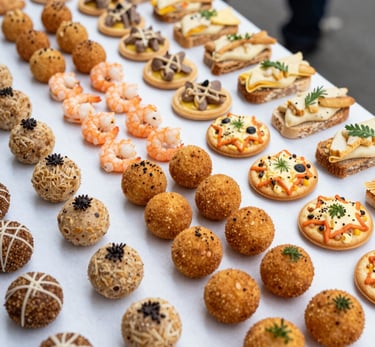 Close-up of colorful assorted sweets and savory snacks arranged on elegant platters.