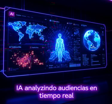 Marketing Digital Inteligente: IA analizando audiencias en tiempo real con mapas digitales.