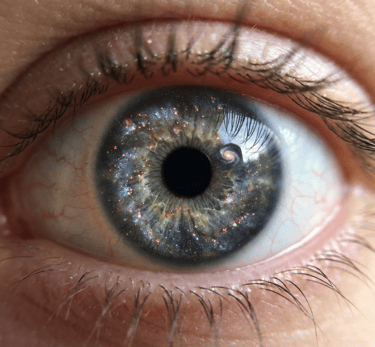 Close-up artistic image of a human eye with a galaxy reflected in the iris, symbolizing AI creativit