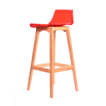a red stool with a wooden stool and a red chair