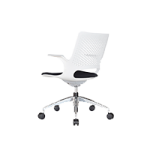 a white office chair with a white mesh back and a black seat