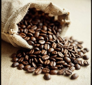 Raw roasted coffee beans spilling from a rustic gunny sack, warm morning light filtering in, rich coffee brown tones, 35mm film style.