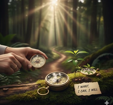 A hand holding a compass near a small sprout and a note saying I Want, I Can, I Will, on a forest trail.