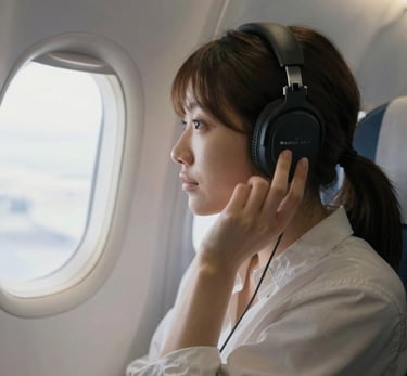 A stylish travel pillow and eye mask set resting on a cozy airplane seat.