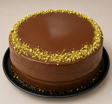 pastel de chocolate con decoraciones de pistache en una base negra.