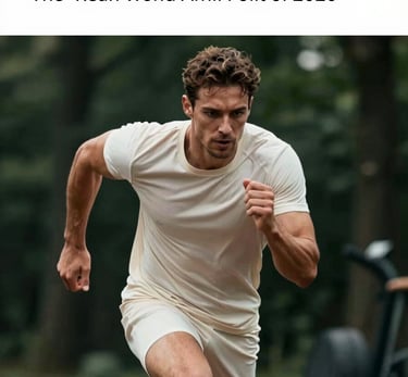 A professional athlete in soft off-white fitness apparel finishing a sprint, focused expression, blurred dark forest green gym background, cinematic lighting, high resolution.
