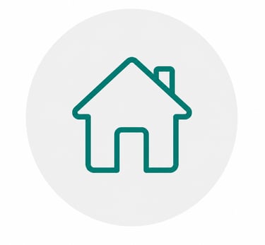 Green outline icon of a simple house with a chimney on a light gray circular background.