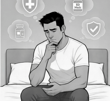 a cartoon made with Erectile dysfunction option in bubbles above