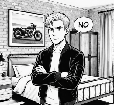 cartoon male in bedroom saying no in speech bubble