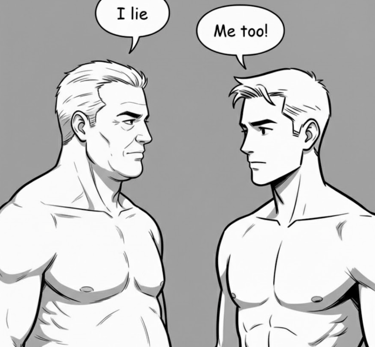 Older man  saying "I lie" and a younger male saying 'me too1' cartoon style