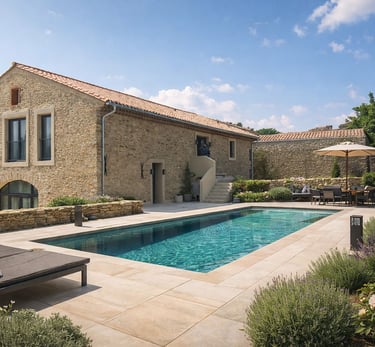 Restored stone house with landscaped garden and outdoor swimming pool